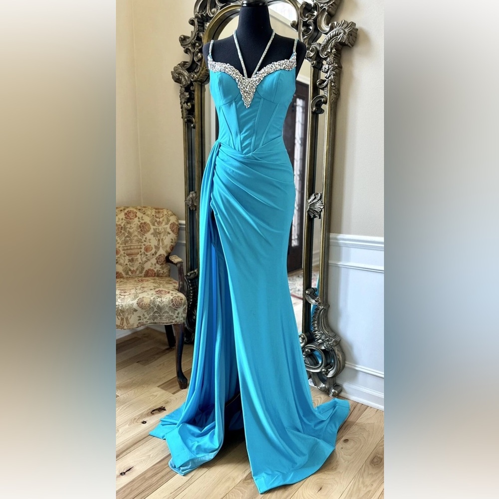 Portia and Scarlett Turquoise Blue Maxi Formal Evening Fitted Gown Size 4 - Picture 8 of 16